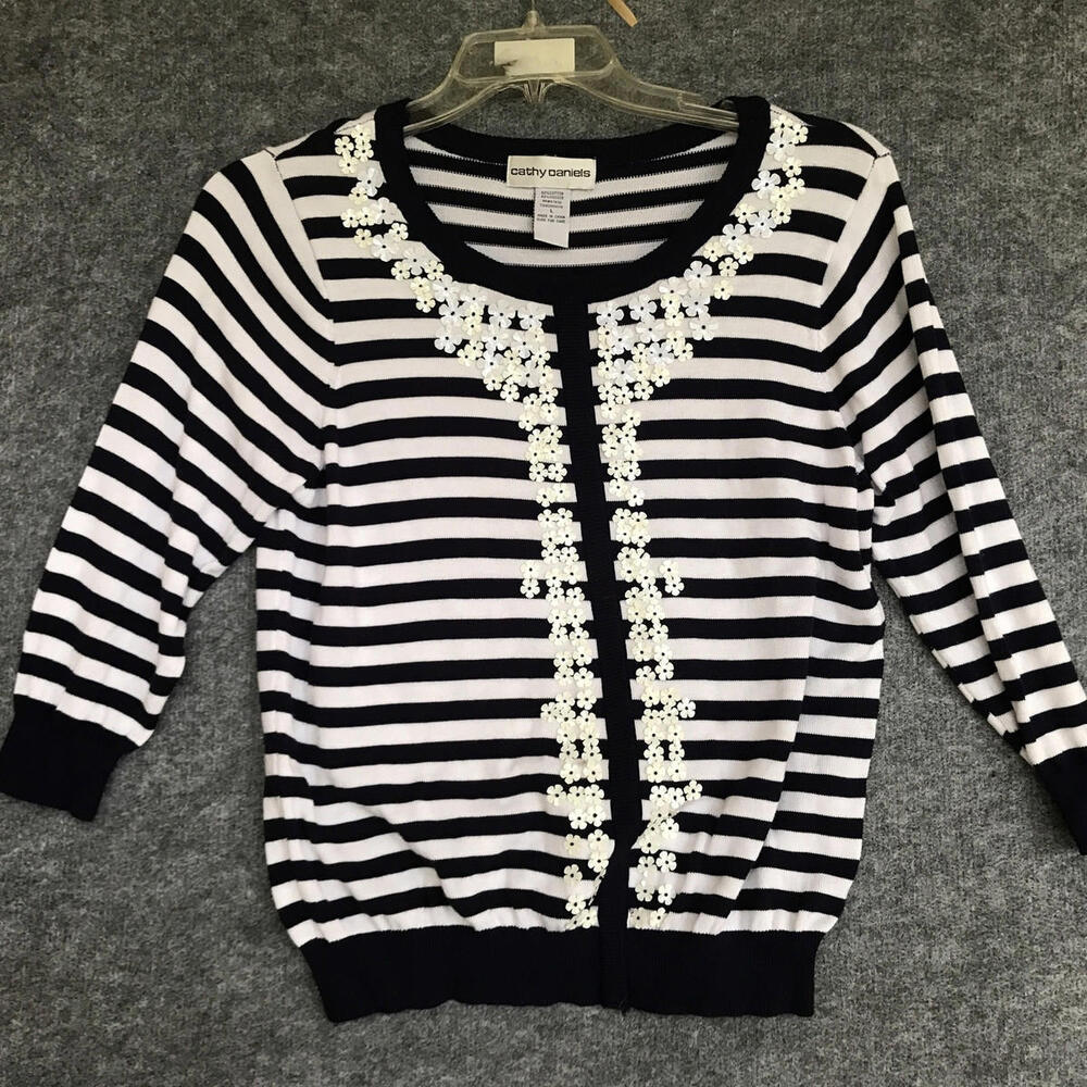 Cathy Daniels Women’s Shirt Size L White Flowers Stripe